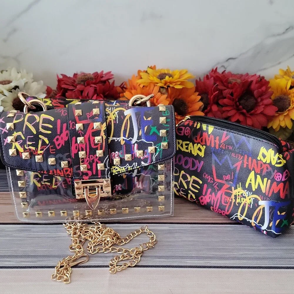 Graffiti Print Clear 2pc Crossbody Clutch w/ Studs & Removable Zippered Pouch - Picture 5 of 5